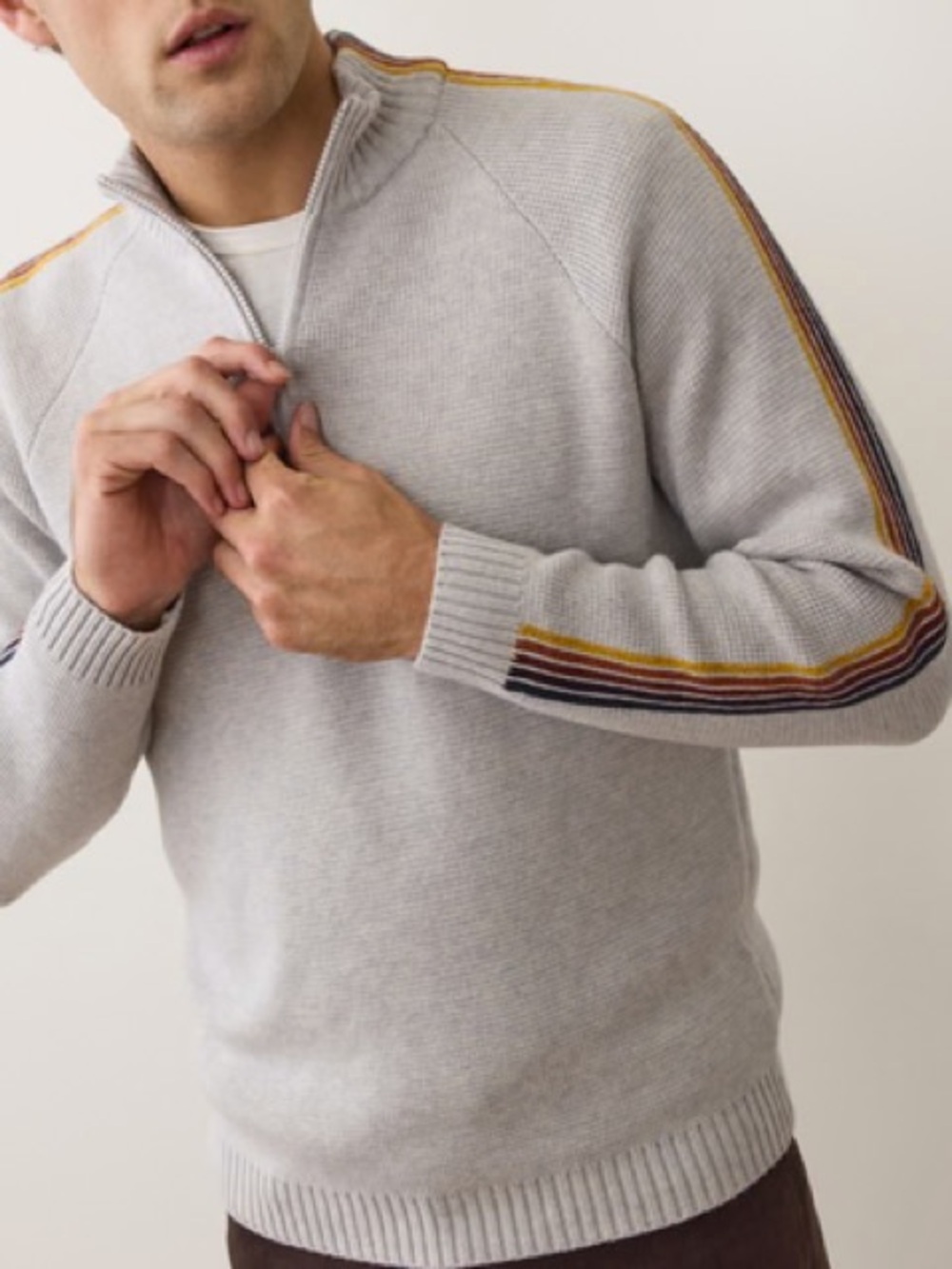 Marine Layers Quarter-Zip Sweater with Multi-Stripe Sleeve